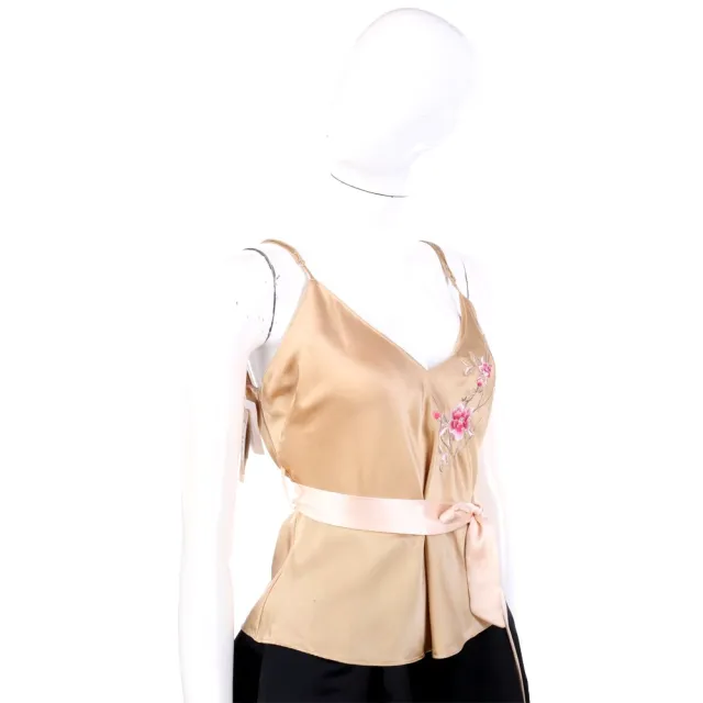 【Blumarine 布魯瑪琳】金色絲緞繡花細肩帶背心(真絲 義大利精品 Jisoo私服品牌)