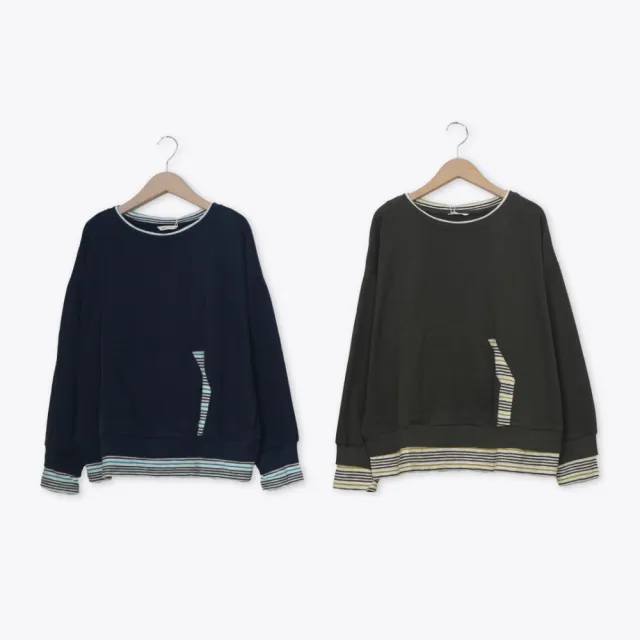 【MOSS CLUB】假兩件條紋配布棉T上衣 藍 灰