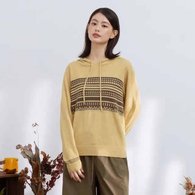 【MOSS CLUB】撞色幾何圖騰連帽長袖針織上衣 紅 杏 黃(魅力商品)