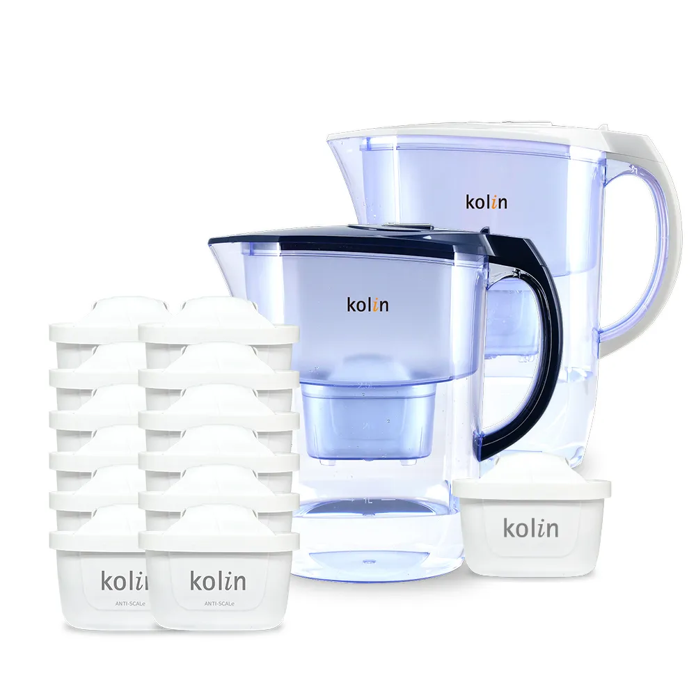 【Kolin 歌林】3.8L濾水壺(內含四重濾芯*1)+五重淨垢濾芯12入(共1壺13芯/適用Brita)