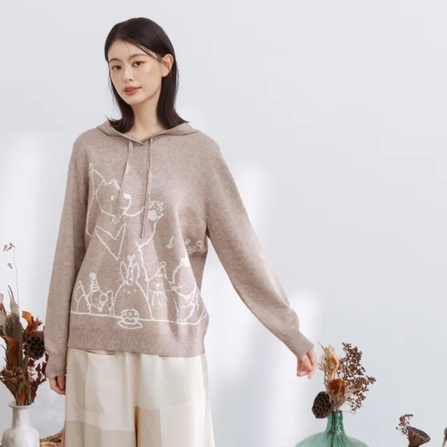 【MOSS CLUB】趣味動物派對連帽針織上衣 杏 駝 灰(魅力商品)