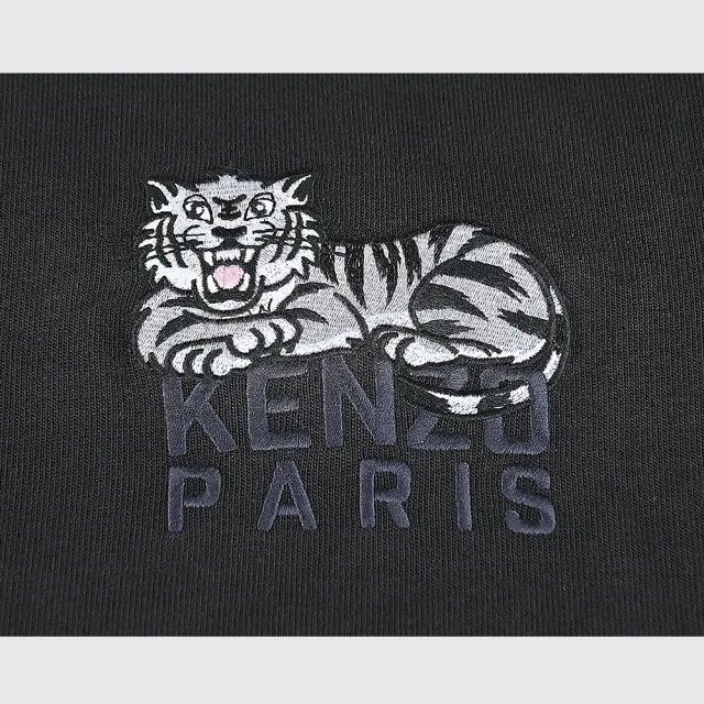 【KENZO】KENZO Happy Tiger繡黑字LOGO純綿刺繡老虎圓領短袖T恤(男款/黑)