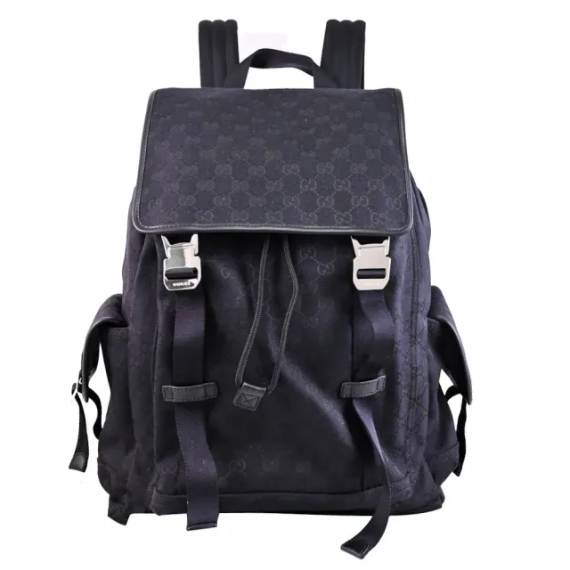 【GUCCI 古馳】GG Canvas 帆布緹花翻蓋大型後背包(黑)