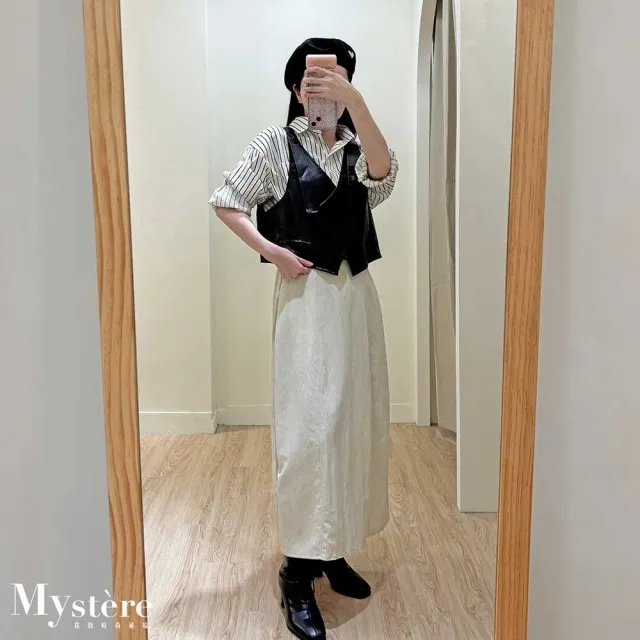 【my stere 我的時尚秘境】雙11 皮革背心兩件式條紋襯衫 兩色 條紋襯衫 oversize襯衫 兩件式襯衫
