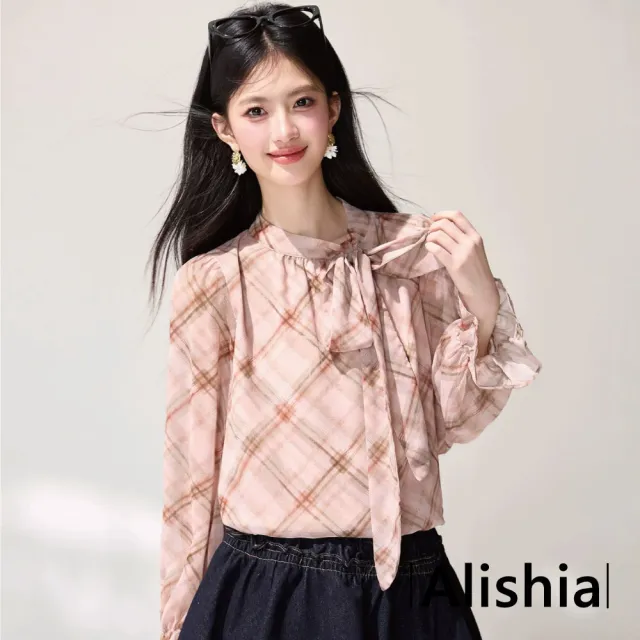 【Alishia】甜美氣質經典格紋綁帶雪紡衫 長袖 上衣 S-2XL(粉格紋)