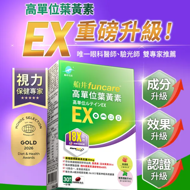 【funcare 船井生醫】金盞花萃取高單位葉黃素EX 2盒_共60顆(添加蝦紅素/山桑子/枸杞/魚油/綠薄荷/維生素)