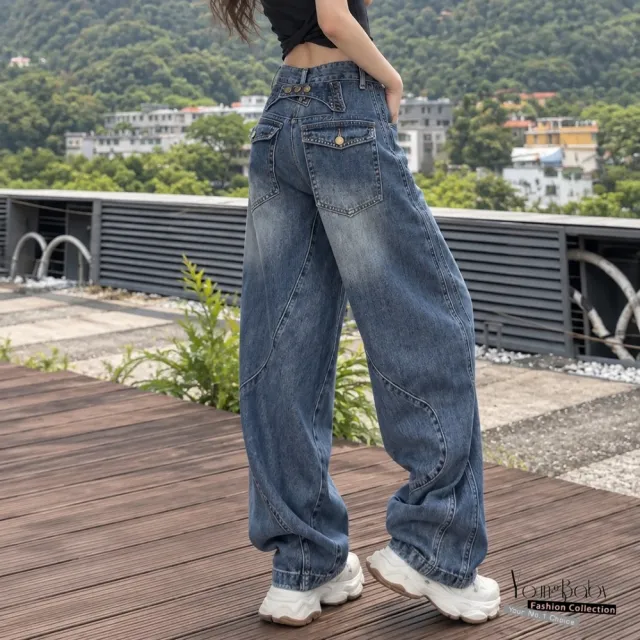 【YOUNGBABY】高腰立體剪裁多口袋彎刀牛仔褲 中大尺碼女裝