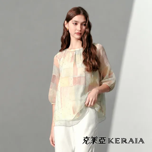 【KERAIA 克萊亞】晴光入畫彩格印花雪紡上衣