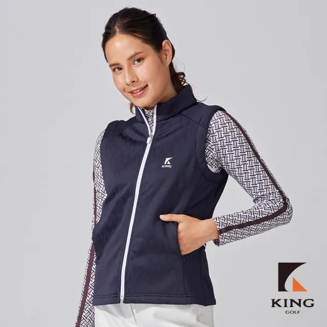 【KING GOLF】網路獨家-女款滿版W底紋印花立領刷毛拉鍊背心外套-丈青色