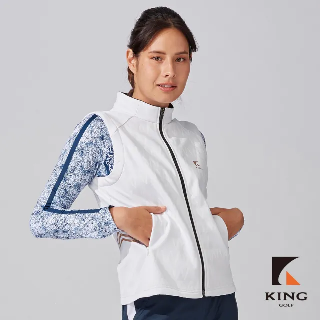 【KING GOLF】網路獨家-女款滿版W底紋印花立領刷毛拉鍊背心外套-白色
