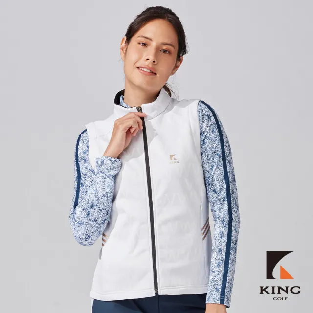 【KING GOLF】網路獨家-女款滿版W底紋印花立領刷毛拉鍊背心外套-白色