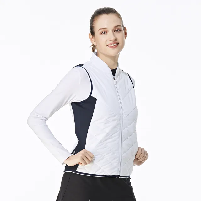 【KING GOLF】網路獨家-女款素色斜邊色塊拼接立領拉鍊絎縫鋪棉背心外套-白色