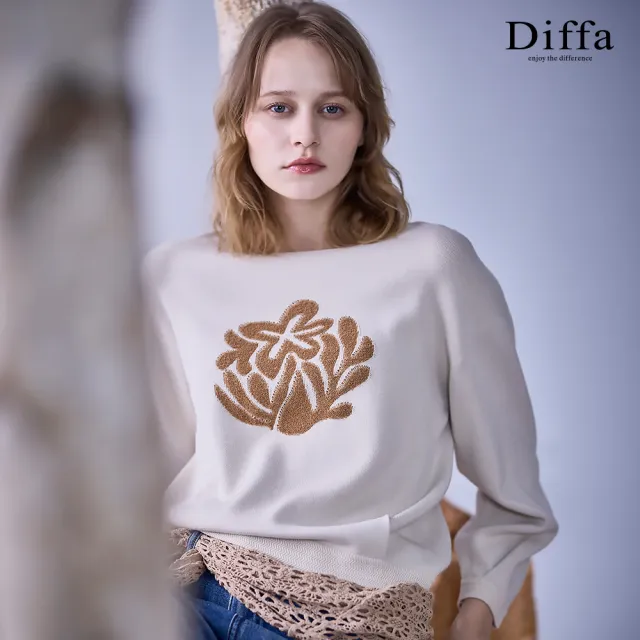 【Diffa】沙漠玫瑰提花落肩長袖線衫-女
