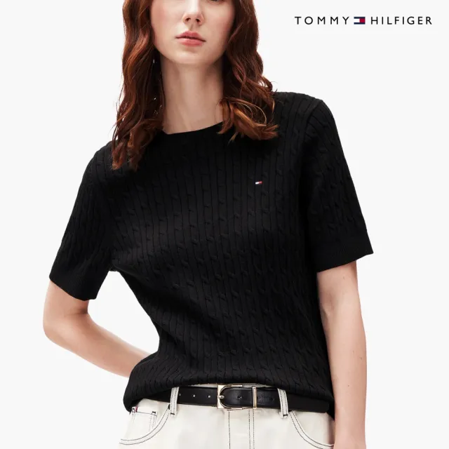 【TOMMY HILFIGER】官方旗艦館Jenny 絞花針織短袖毛衣 黑色
