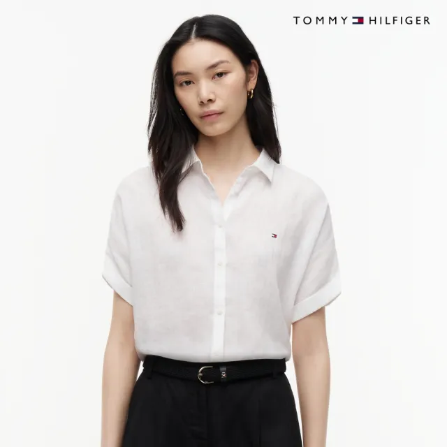【TOMMY HILFIGER】官方旗艦館寬鬆亞麻短袖襯衫 裸色