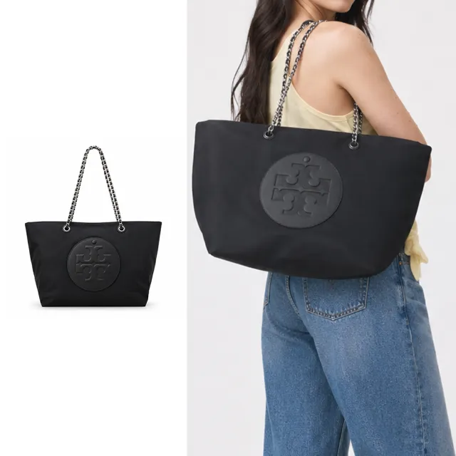【TORY BURCH】ELLA 經典立體LOGO鏈帶托特包(黑)