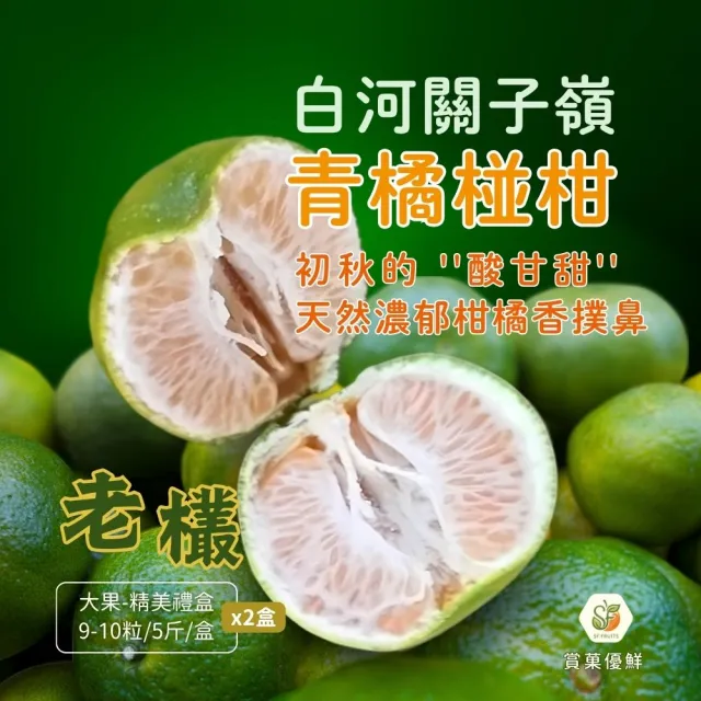 【賞菓優鮮】白河關子嶺老欉青橘椪柑精美大果禮盒2盒(9-10粒/5斤X2盒)(肉橘酸甜_皮青馨香_產地現採直送)