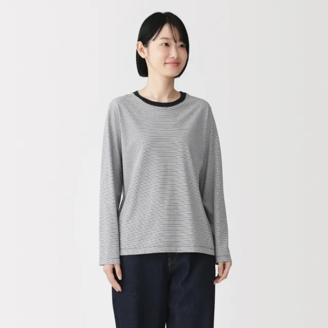 【MUJI 無印良品】女天竺圓領長袖T恤(白色/黑色/綠色/棕色/黑紋樣/磚紅紋樣/綠紋樣/灰棕紋樣)