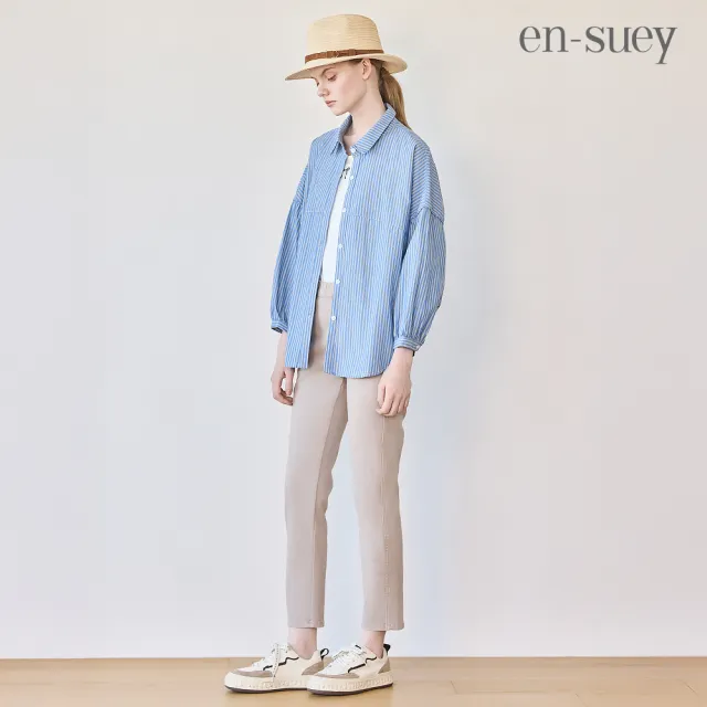 【en-suey 銀穗】後開洞條紋剪接活褶拋袖襯衫-女