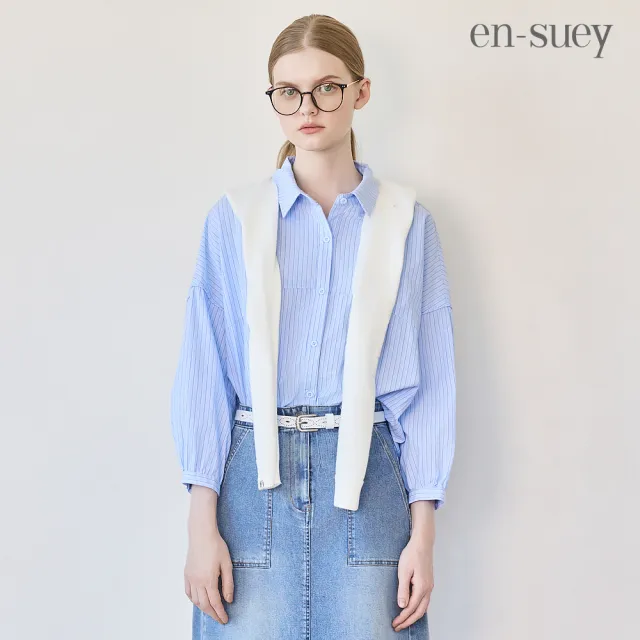 【en-suey 銀穗】後開洞條紋剪接活褶拋袖襯衫-女