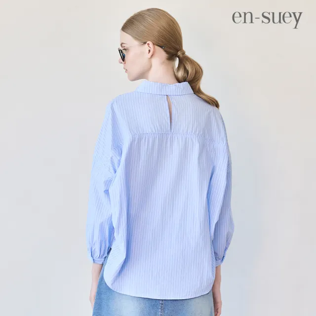 【en-suey 銀穗】後開洞條紋剪接活褶拋袖襯衫-女