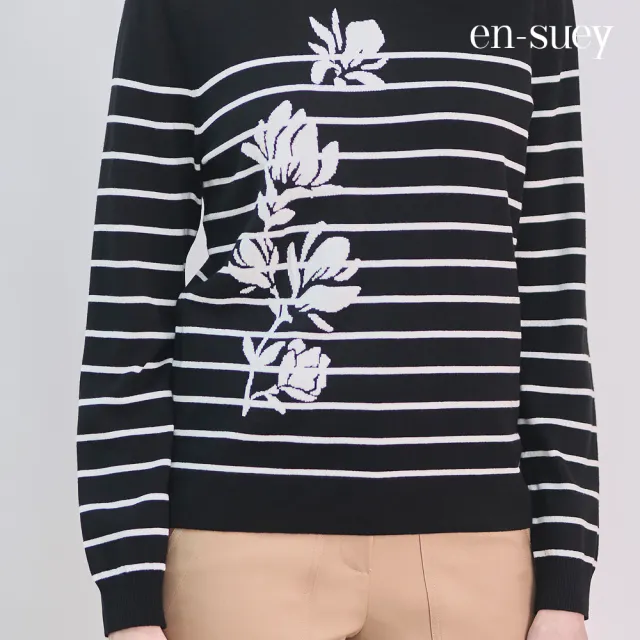 【en-suey 銀穗】柔美花朵條紋長袖線衫-女