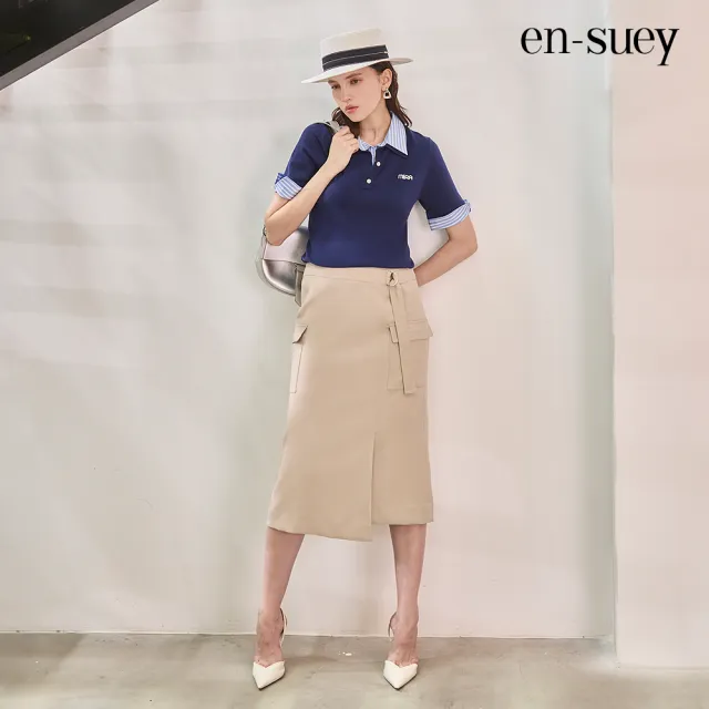 【en-suey 銀穗】仿兩件異素材半開襟線衫-女