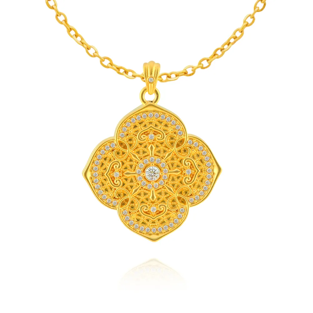 【金緻品】黃金墜子 金燦宴曲 0.94錢 四瓣花 華麗 古韻金 古典風 鑲鑽 細緻工藝 閃亮 入石 純金墜飾 5G黃金