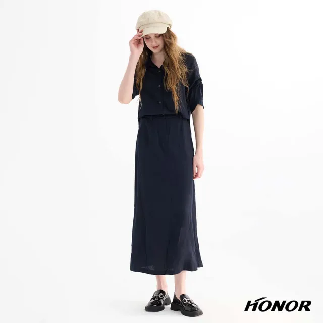 【HONOR 山形屋】翻領層次袖收腰長洋裝-藍