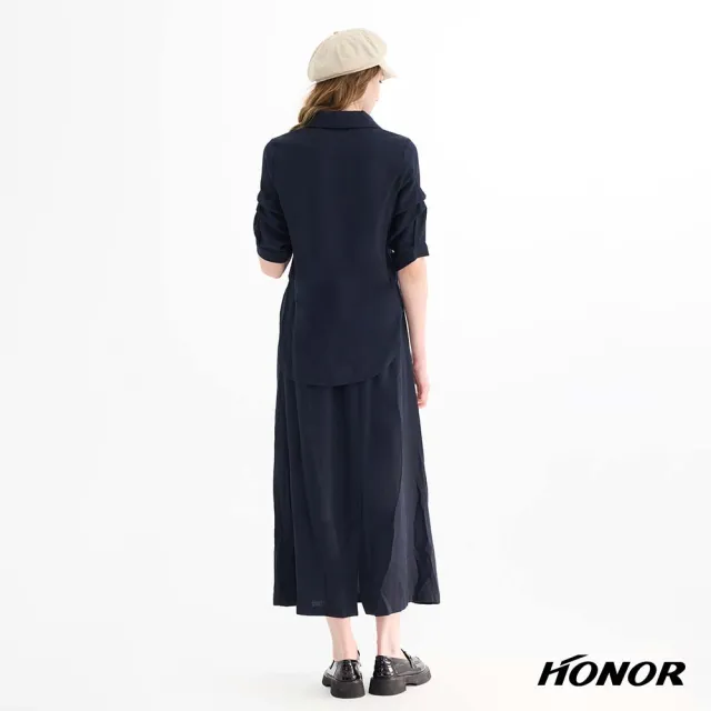【HONOR 山形屋】翻領層次袖收腰長洋裝-藍