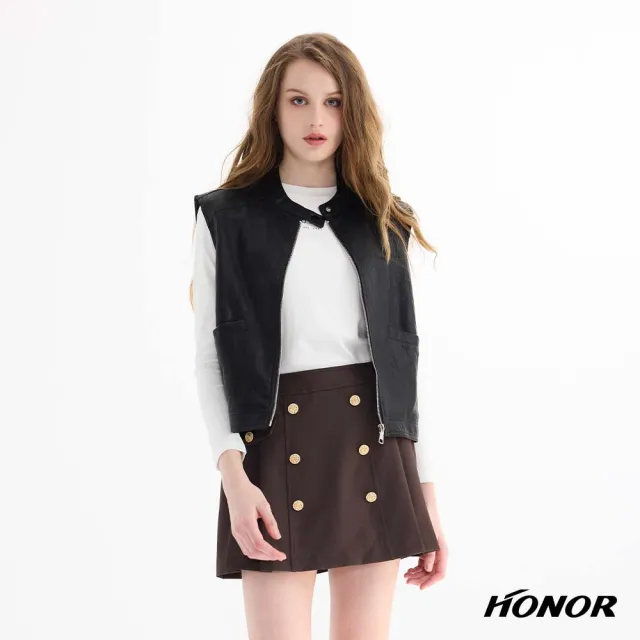 【HONOR 山形屋】俐落立領皮革拉鍊背心-黑