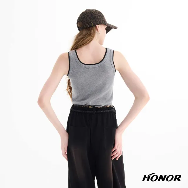 【HONOR 山形屋】方領撞色滾邊羅紋背心-灰/咖