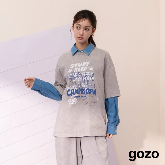 【gozo】狗狗社團印花暈染紋理T恤(淺灰/綠色)