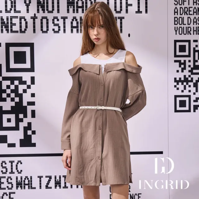 【IGD 英格麗】實體同步款-假2件條紋排釦洋裝(卡其)
