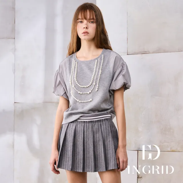【IGD 英格麗】實體同步款-珍珠鍊公主袖上衣-灰色