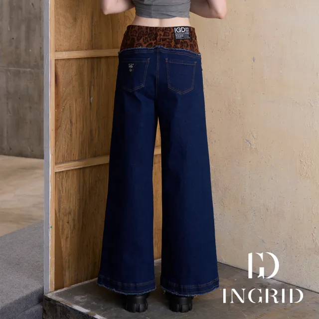 【IGD 英格麗】實體同步款-豹紋拼接牛仔寬褲-藍色