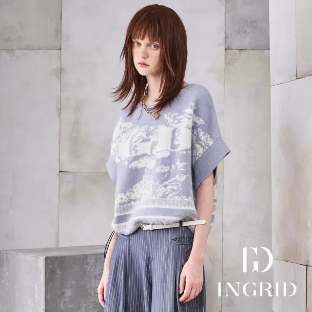 【IGD 英格麗】實體同步款-復古藝術圖紋針織上衣-藍色