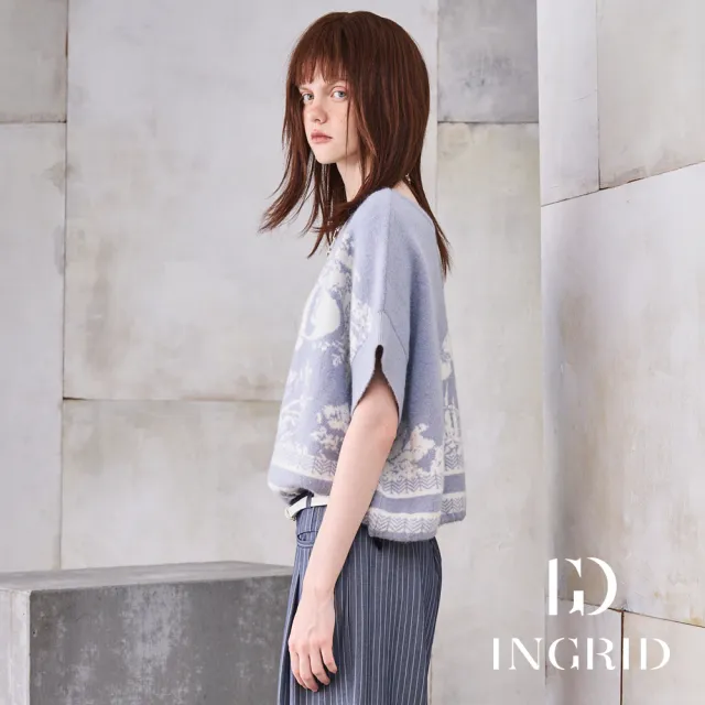 【IGD 英格麗】實體同步款-復古藝術圖紋針織上衣-藍色