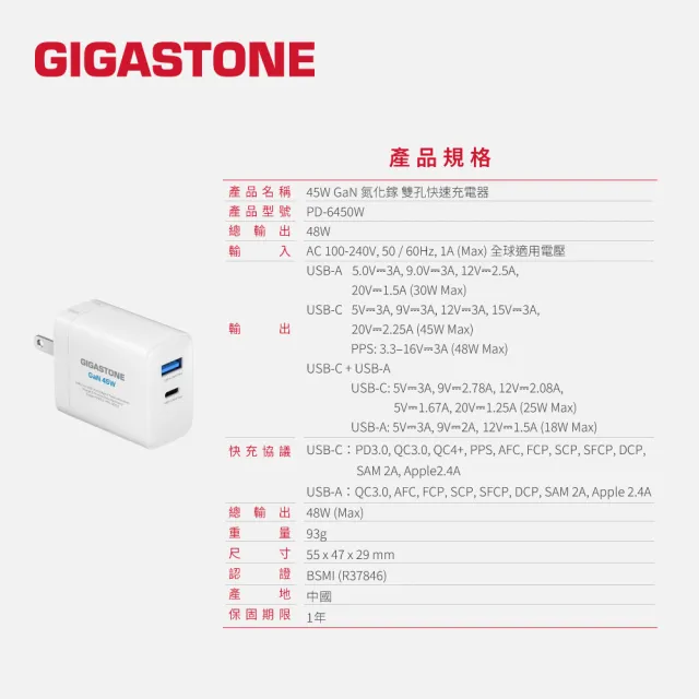 【Gigastone 立達國際】45W雙孔快速充電器 + Lightning 30W蘋果充電線 (iPhone 14以下/iPad)
