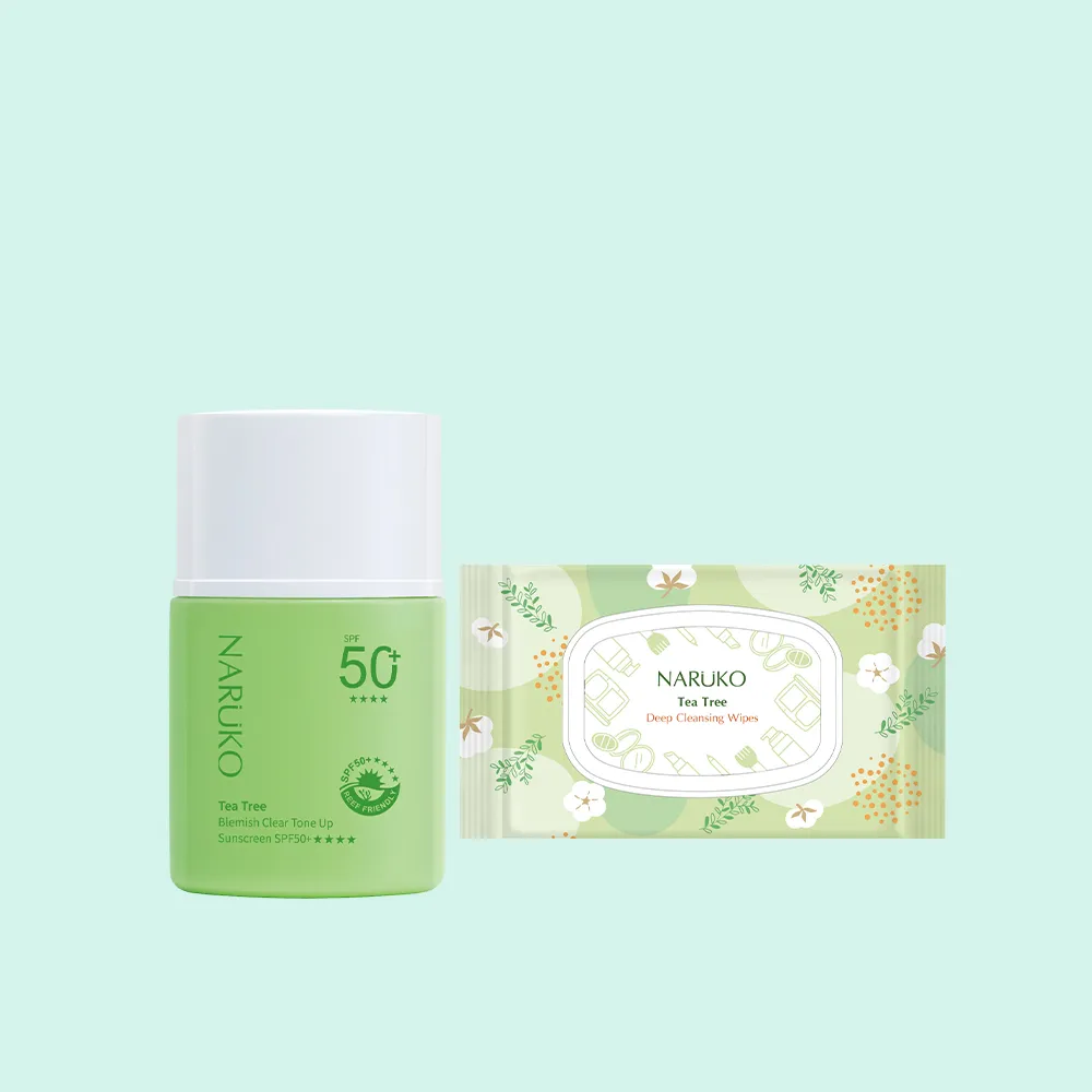 【NARUKO 牛爾】茶樹抗痘潤色水防曬SPF50+****30ml+茶樹神奇溫柔卸妝巾 50片/包