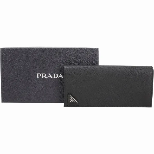 【PRADA 普拉達】Saffiano 經典三角標防刮牛皮對折長夾(黑色 長皮夾 薄長夾)