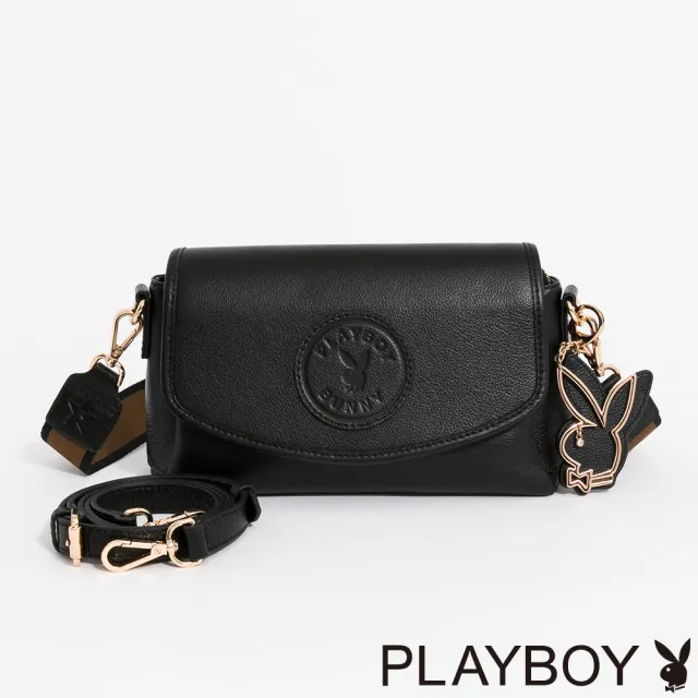 【PLAYBOY】翻蓋斜背包 Leather Mark系列 - 黑色