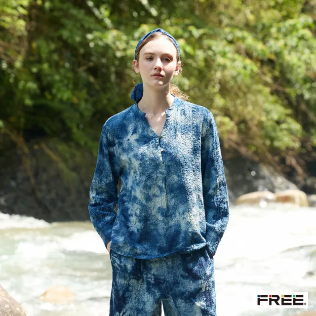 【FREE】free.藍染綁染抽褶V領上衣