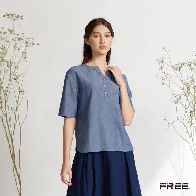 【FREE】天絲棉麻半開襟V領短袖上衣