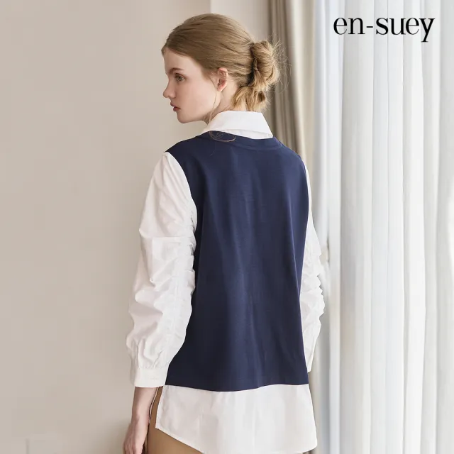 【en-suey 銀穗】假兩件異素材拋袖襯衫-女