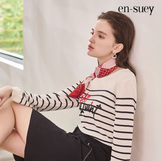 【en-suey 銀穗】撞色刺繡條紋線衫-女