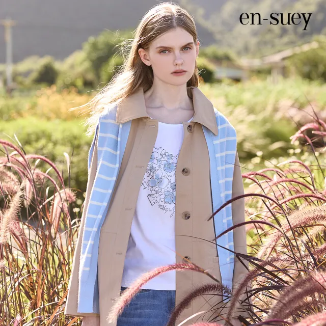 【en-suey 銀穗】愛心輪廓圖案七分袖剪接上衣-女