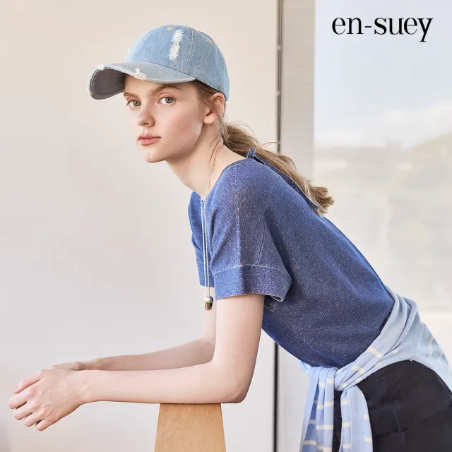 【en-suey 銀穗】仿丹寧布後領綁帶線衫-女