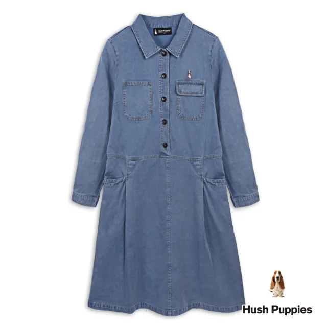 【Hush Puppies】女裝 洋裝 撞色車線多口袋牛仔襯衫洋裝 (淺藍 / 64215105)