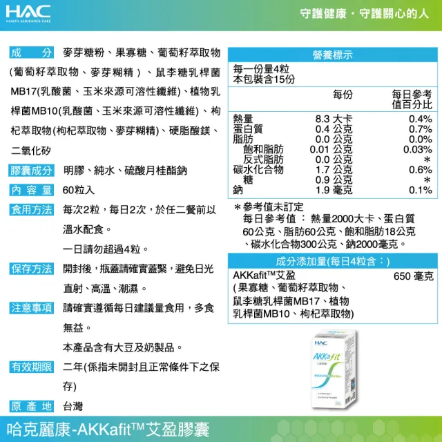 【永信藥品】HAC AKKafit艾盈膠囊4瓶組(共240粒/實測8周有感/健康管理)
